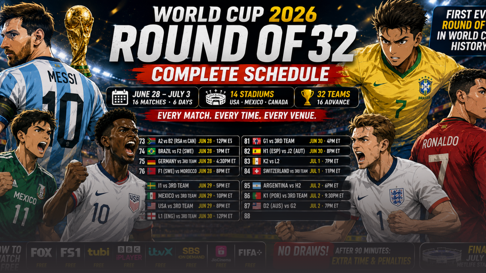 World Cup 2026 Round of 32 Schedule: Every Match, Every Venue, Every Kickoff Time and How to Watch Free